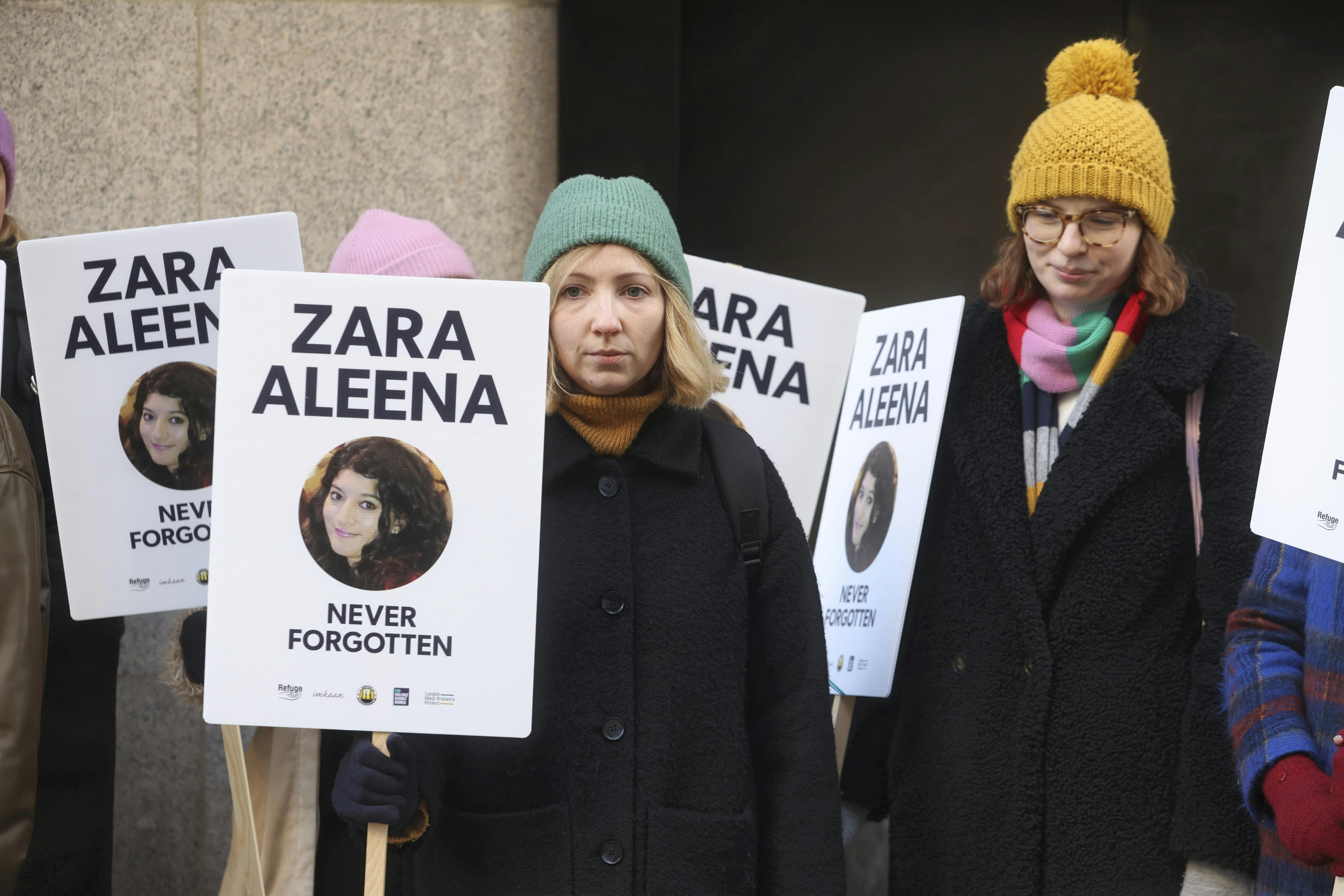 Protesters from Million Women Rise gather outside the Old Bailey in London, ahead of the sentencing of Jordan McSweeney for the murder of law graduate Zara Aleena.
