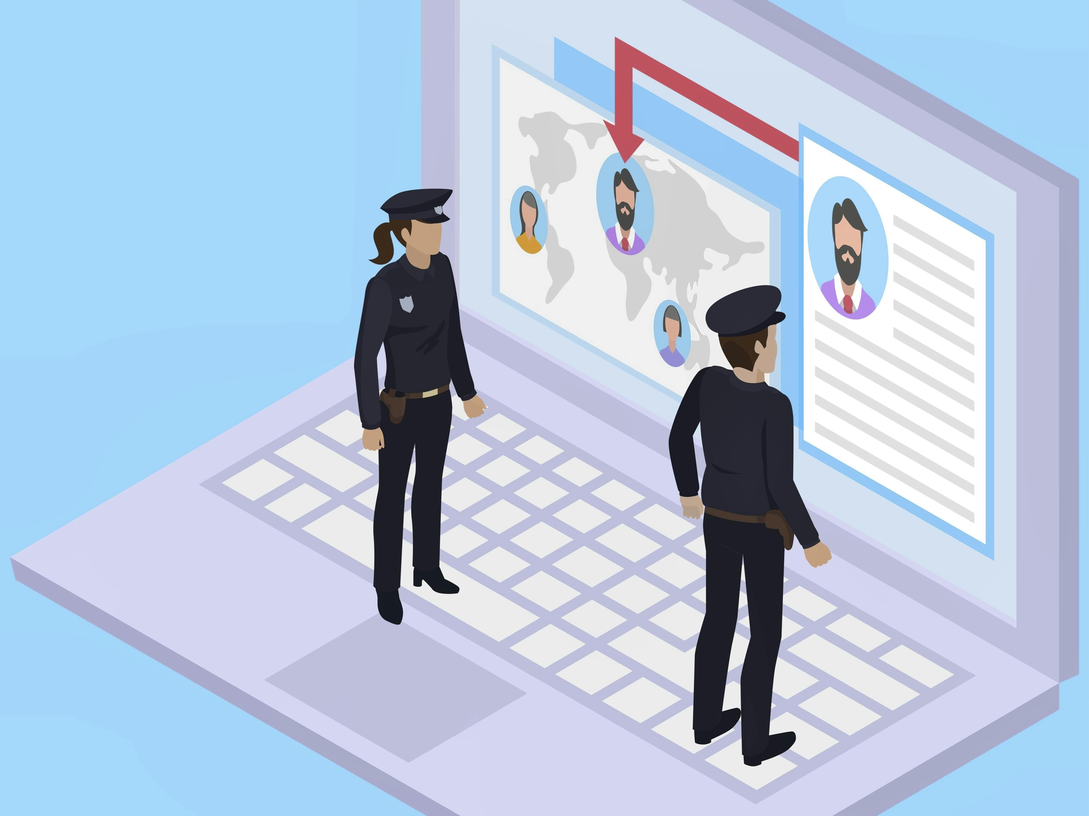 Grafisk fremstilling af politibetjente på computer.