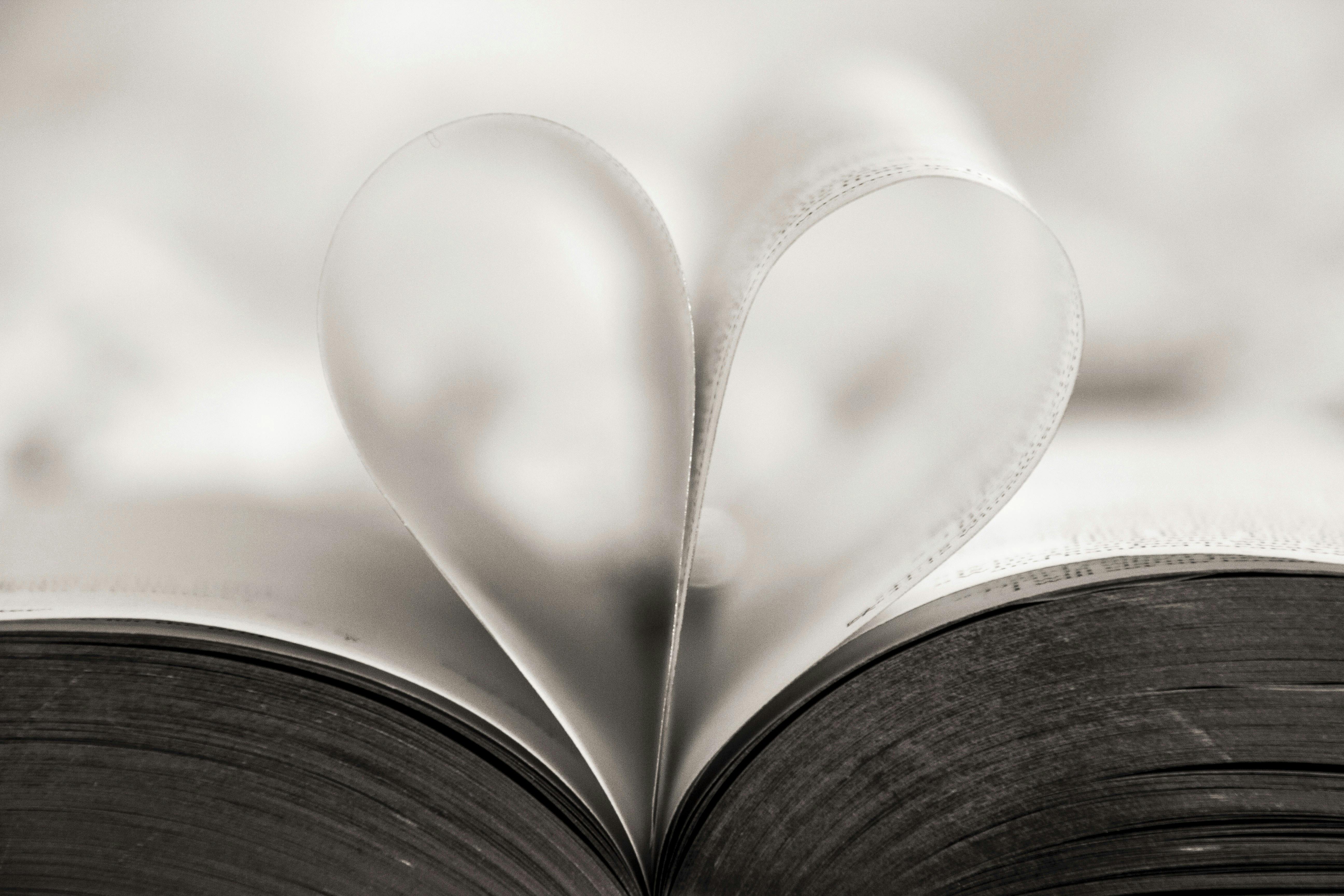 Et hjerte formet af to sider i en bog