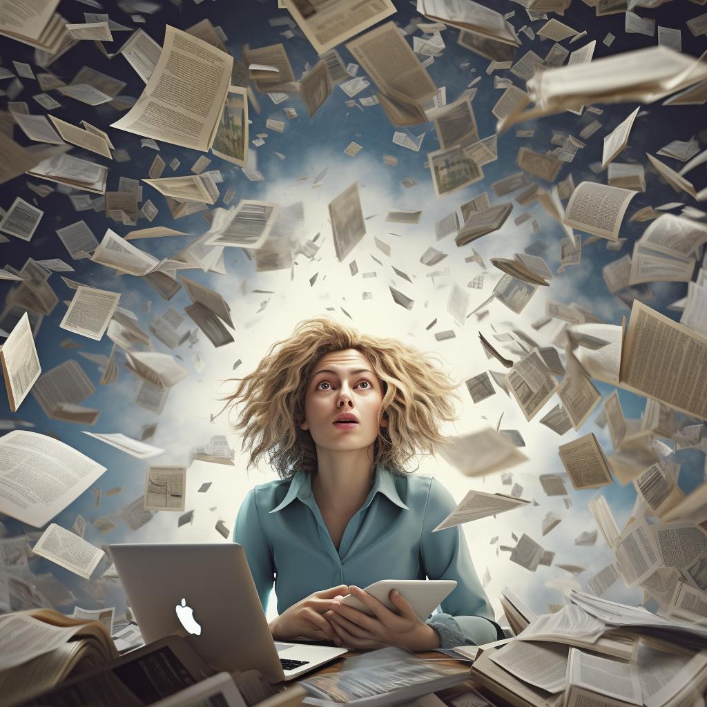 Frustreret kvinde ved computer med filer flyvende rundt om hende