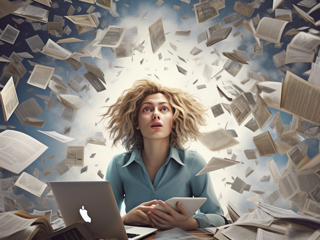 Frustreret kvinde ved computer med filer flyvende rundt om hende