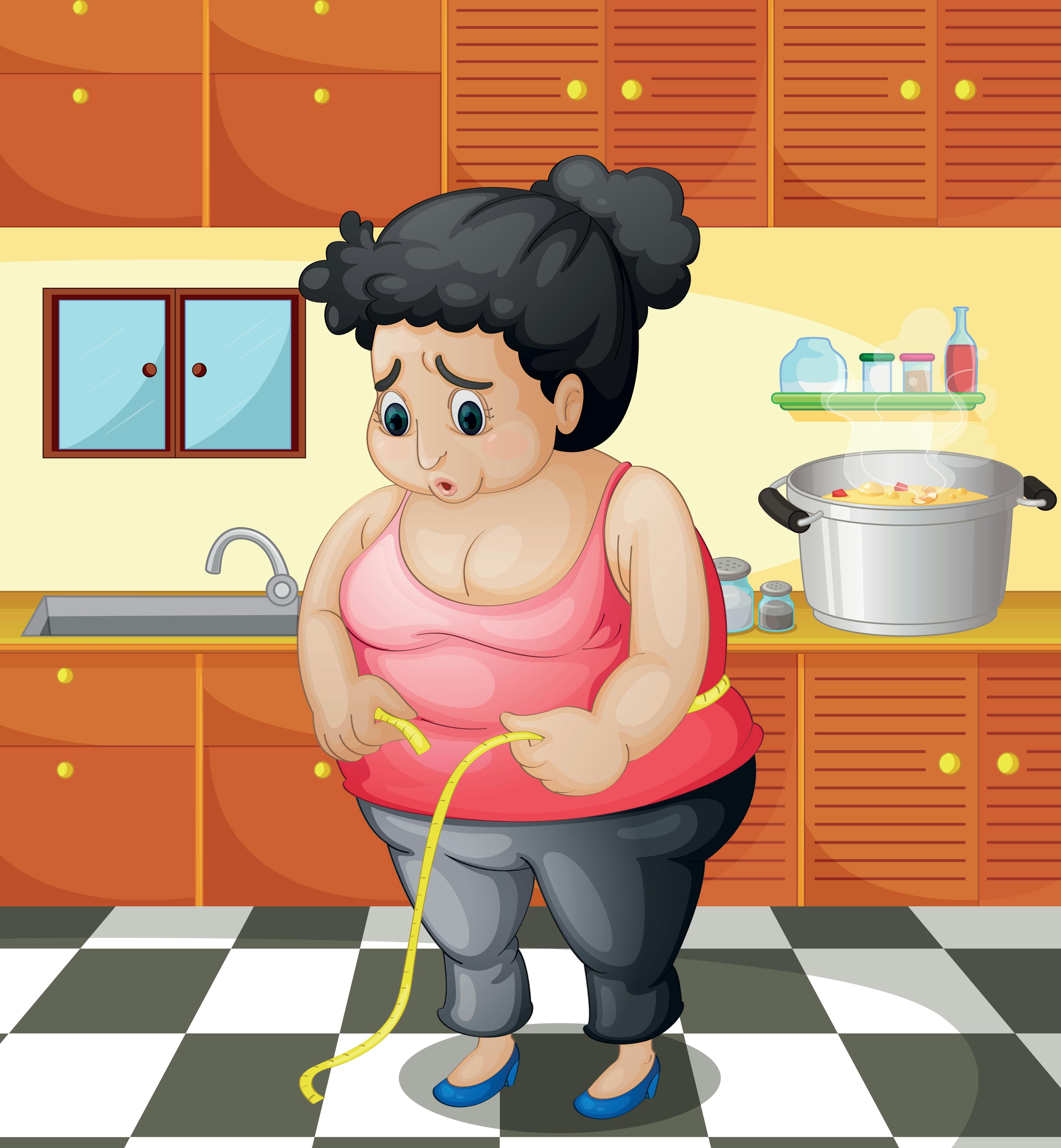 Tegning af overvægtig kvinde med målebånd i køkken.