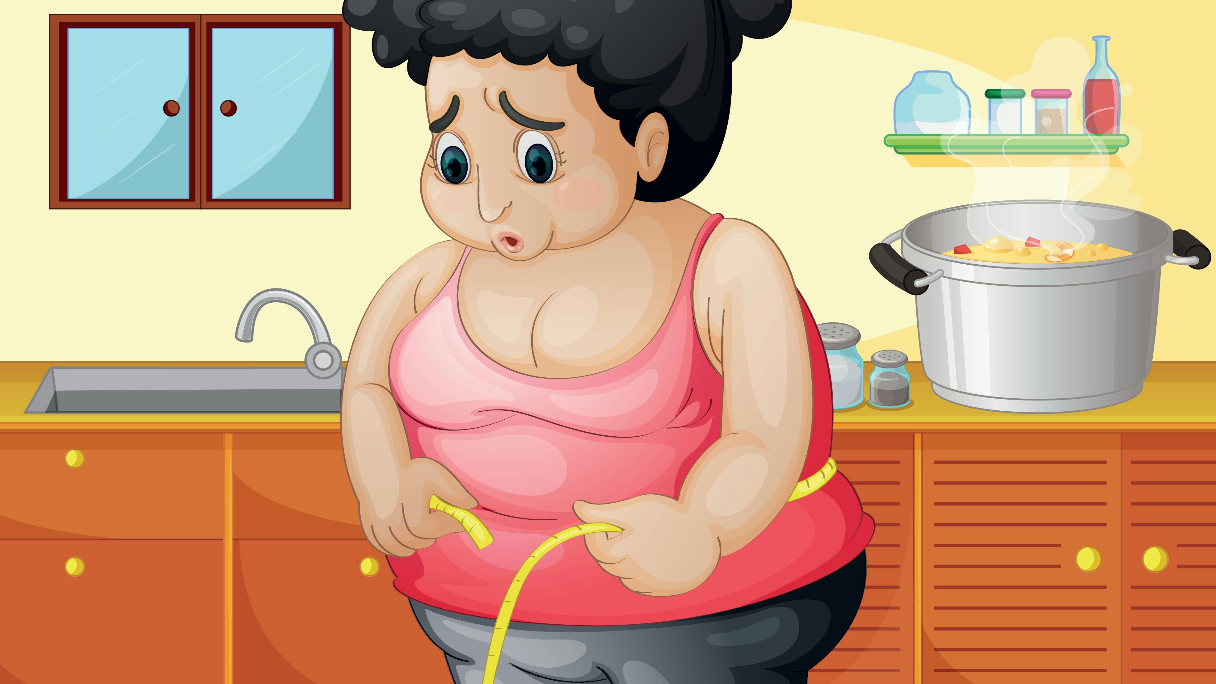 Tegning af overvægtig kvinde med målebånd i køkken.