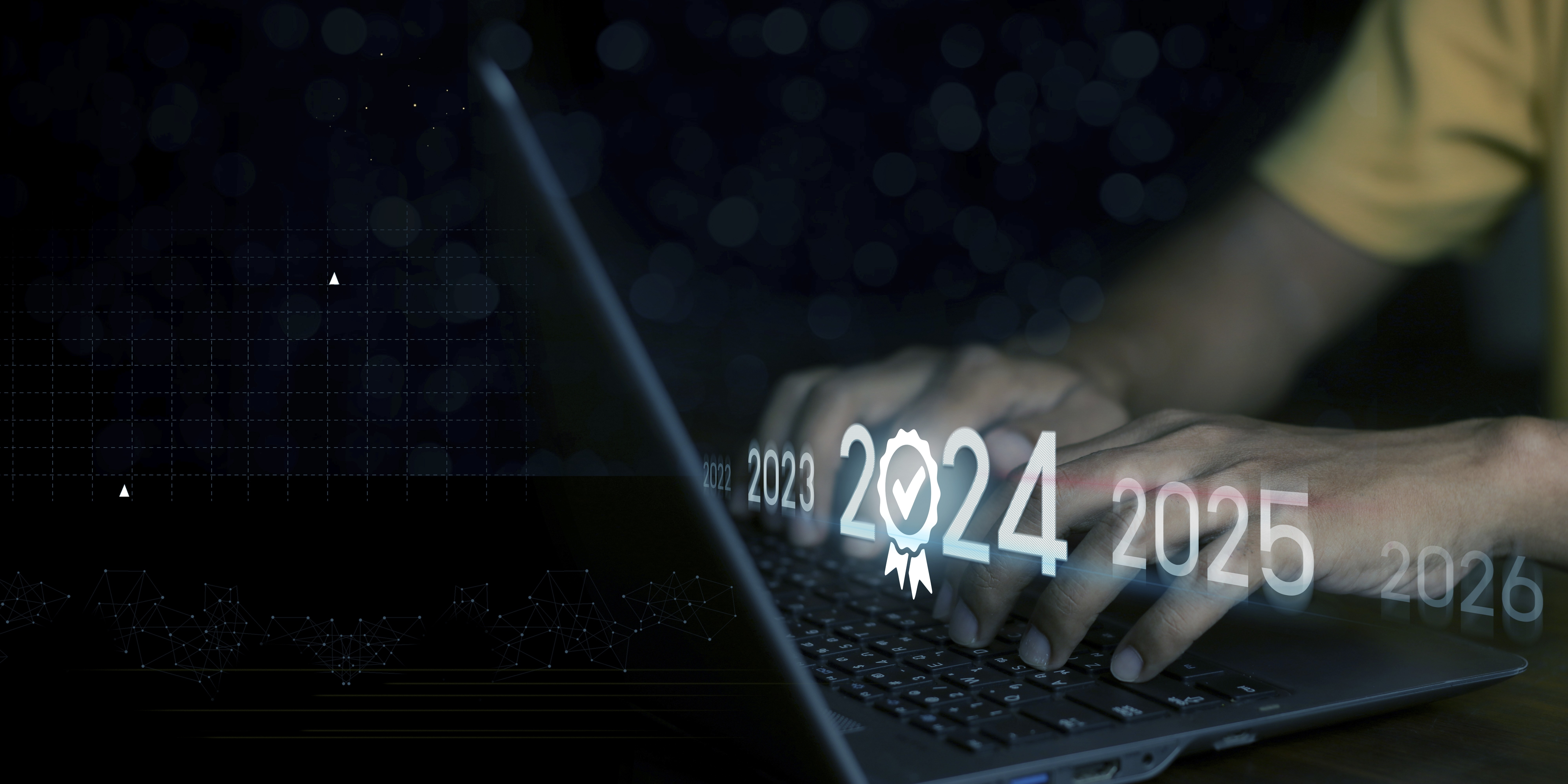 Trend of 2024. people business investor using laptop with virtual 2024 year diagram, business trend, change from 2023 to 2024, strategy, investment, business planning and happy new year concept