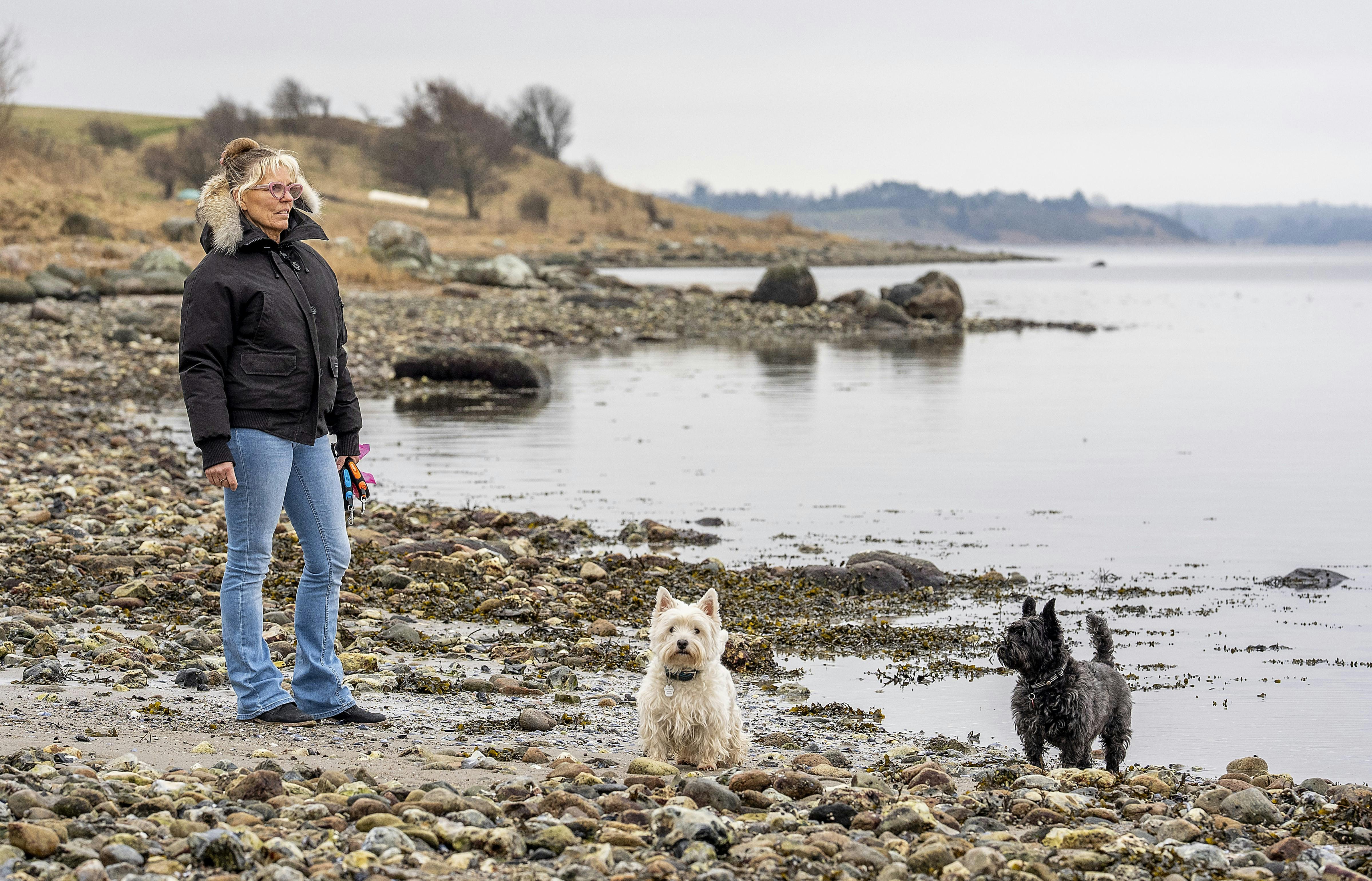 Charlotte kigger ud over vandet med sine to hunde