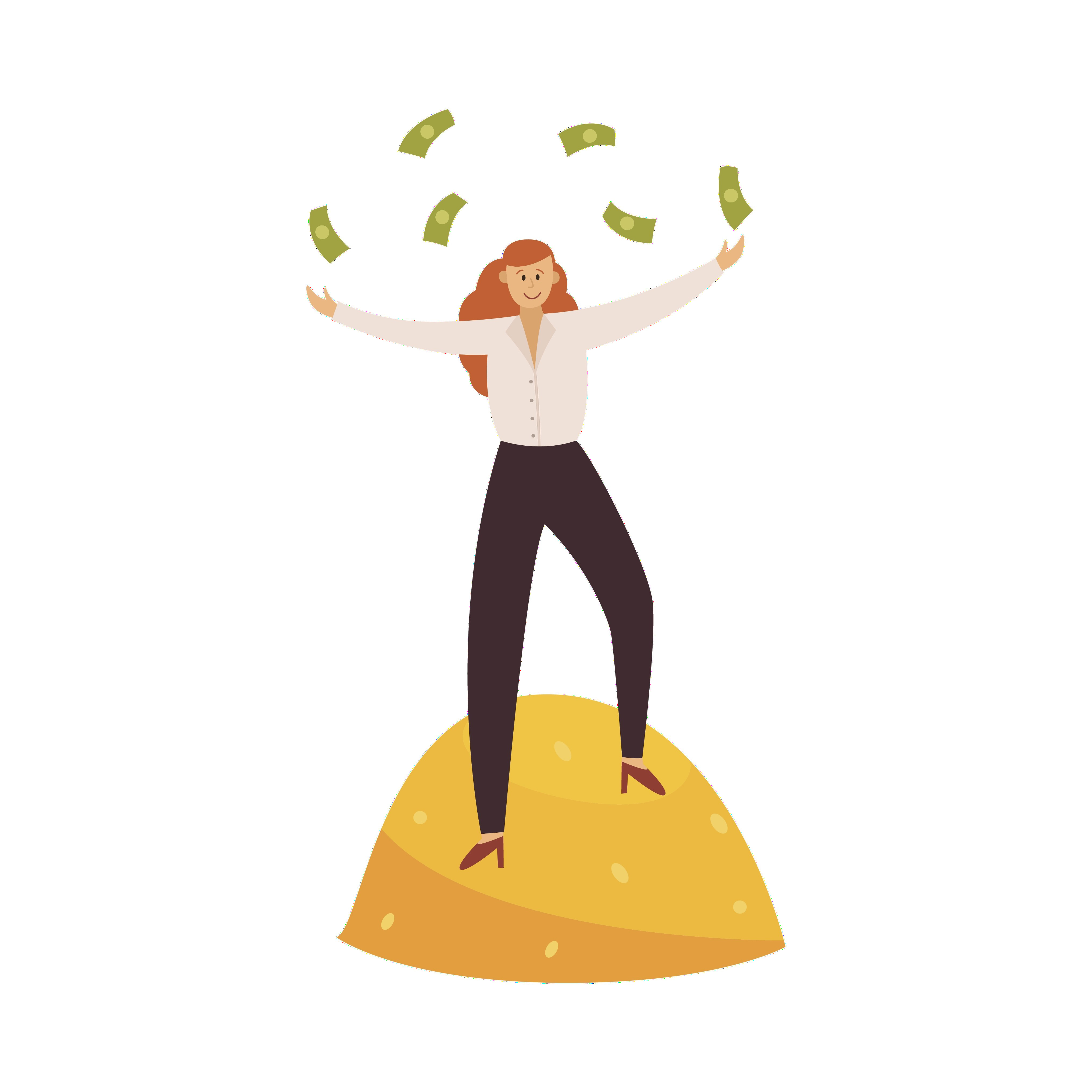 En kvinde der kaster med penge over hovedet. 