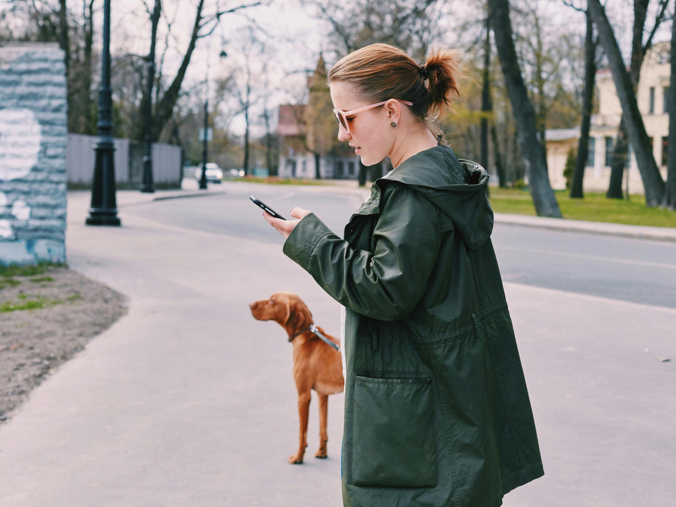 Kvinde ser på sin mobil, mens hun lufter hund.