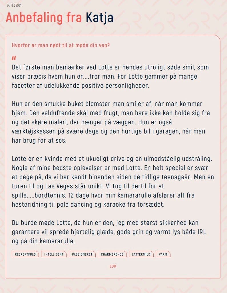 Katjas anbefaling af Lotte på Recommendating.