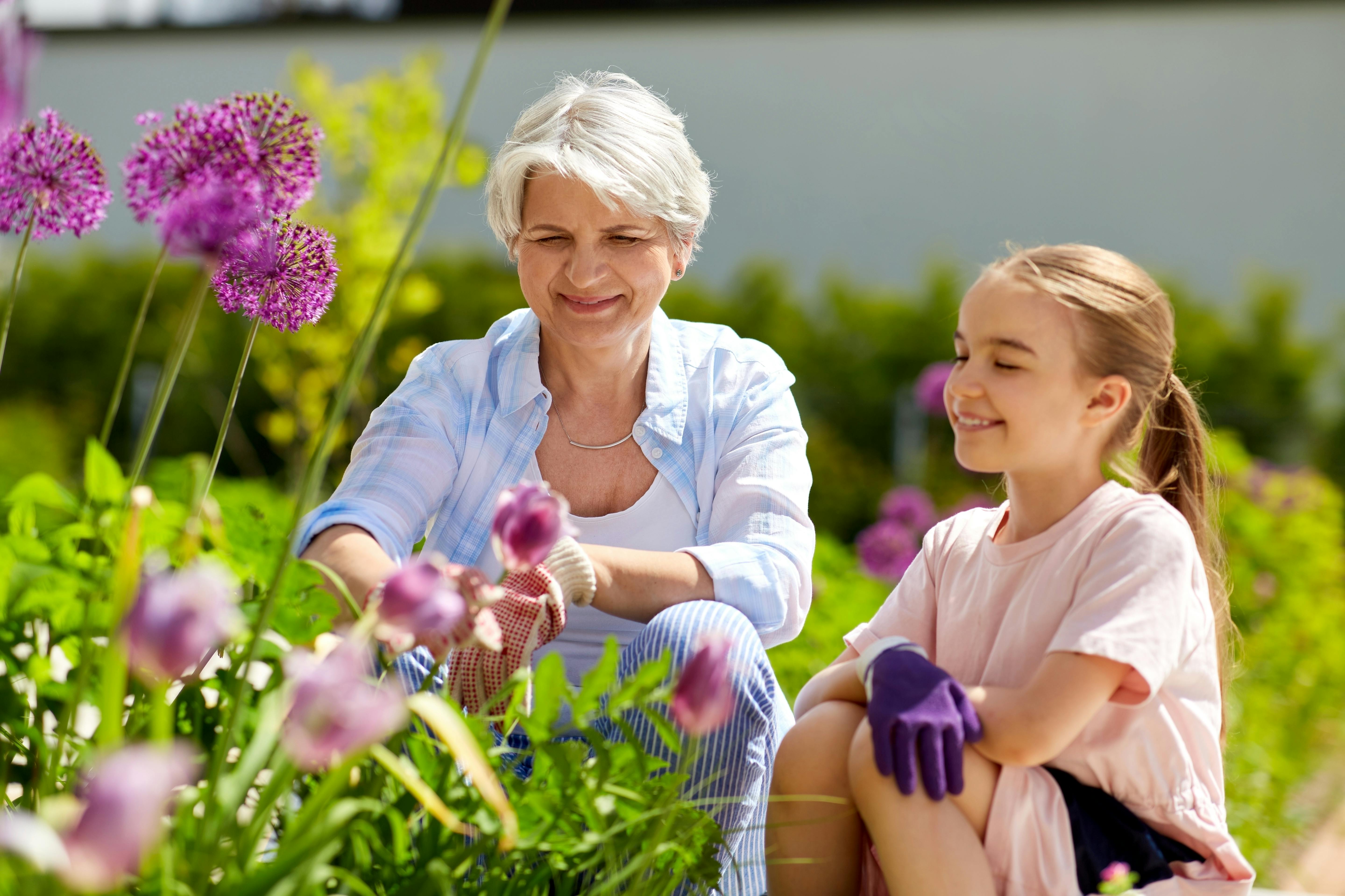 Ældre kvinde og lille pige plukker blomster i have