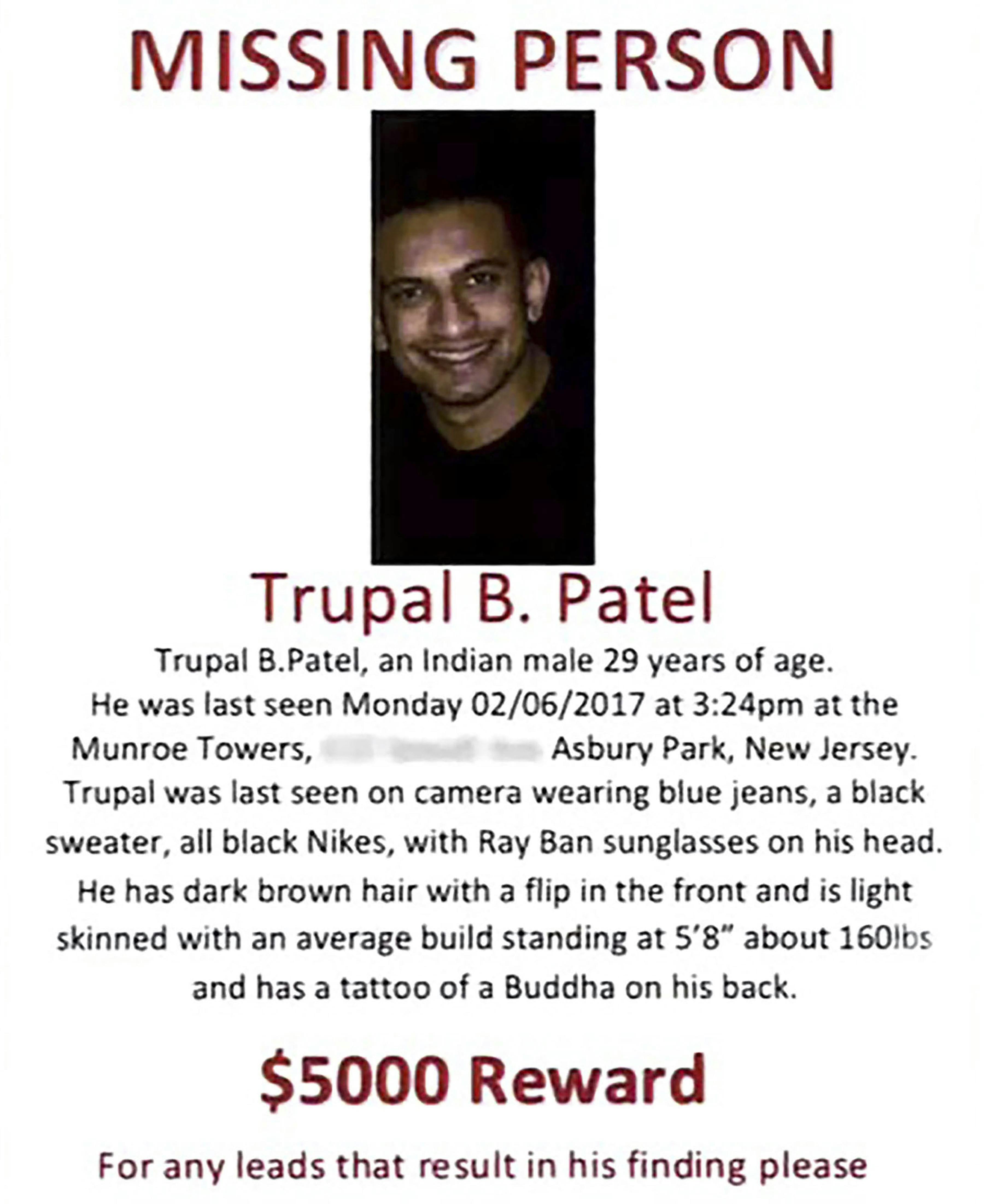 Trupal Patel efterlysningsseddel.