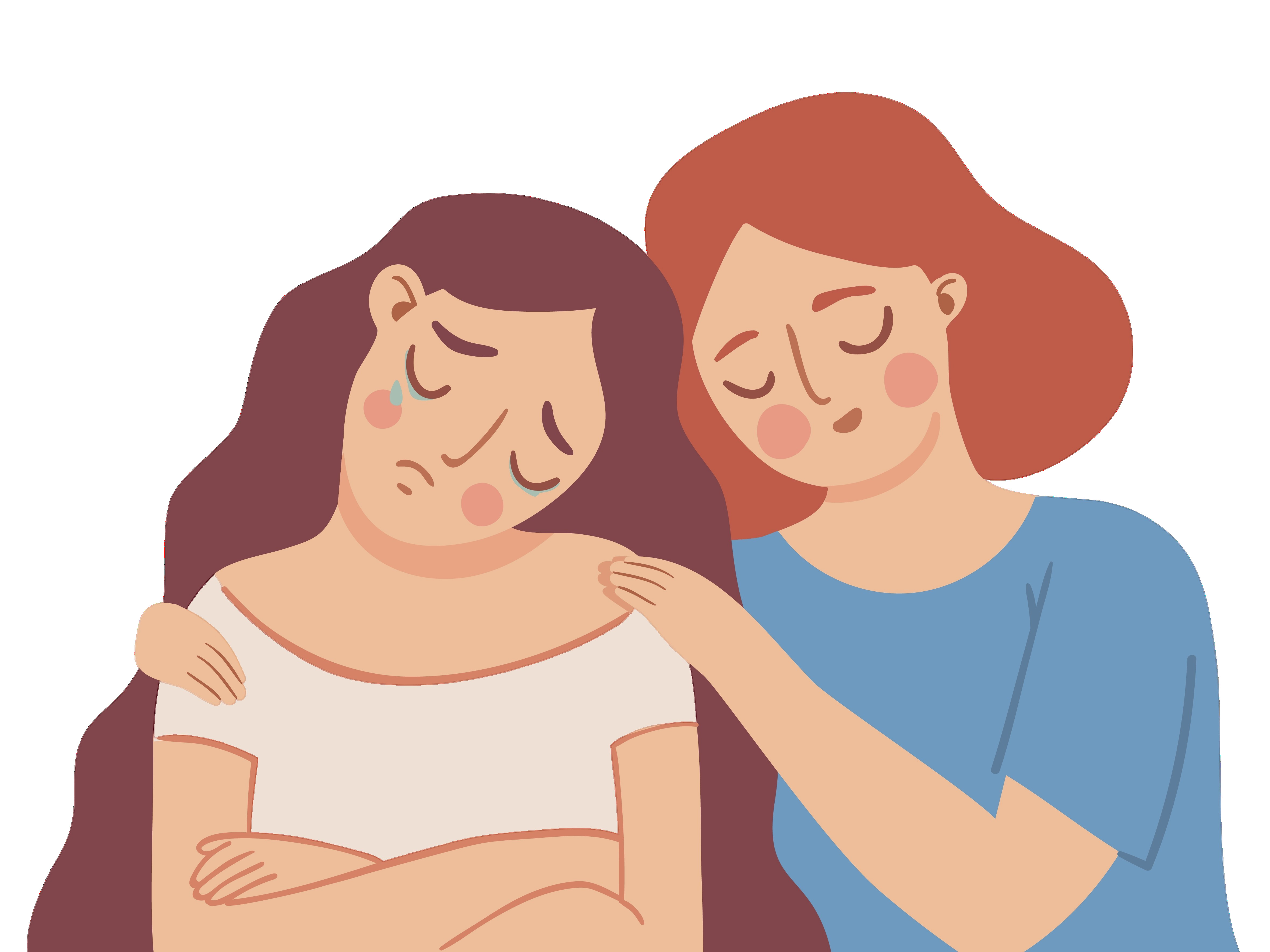 Kvinde der holder om en anden kvinde. 