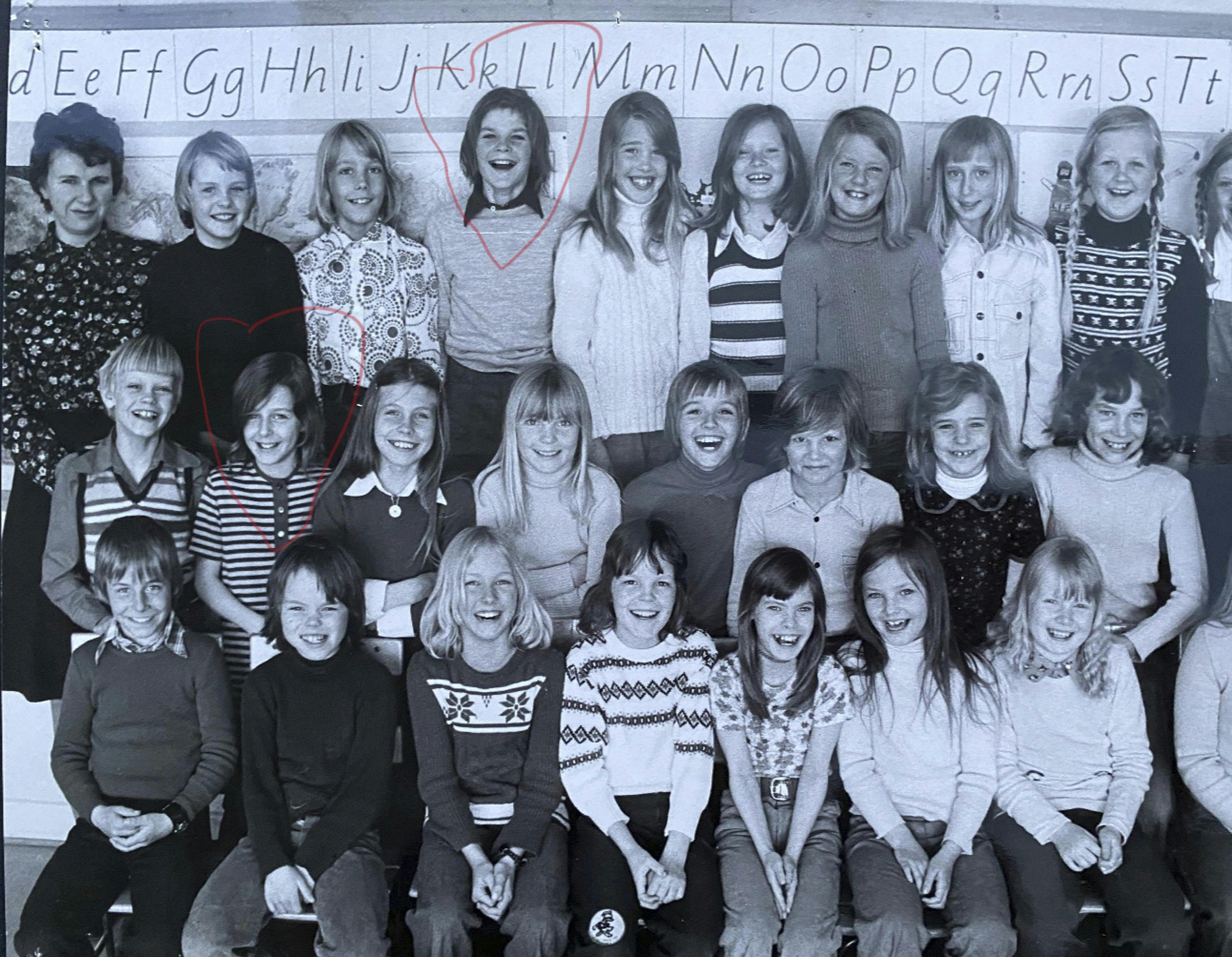 Gammelt klassefoto af Gun og Roger.