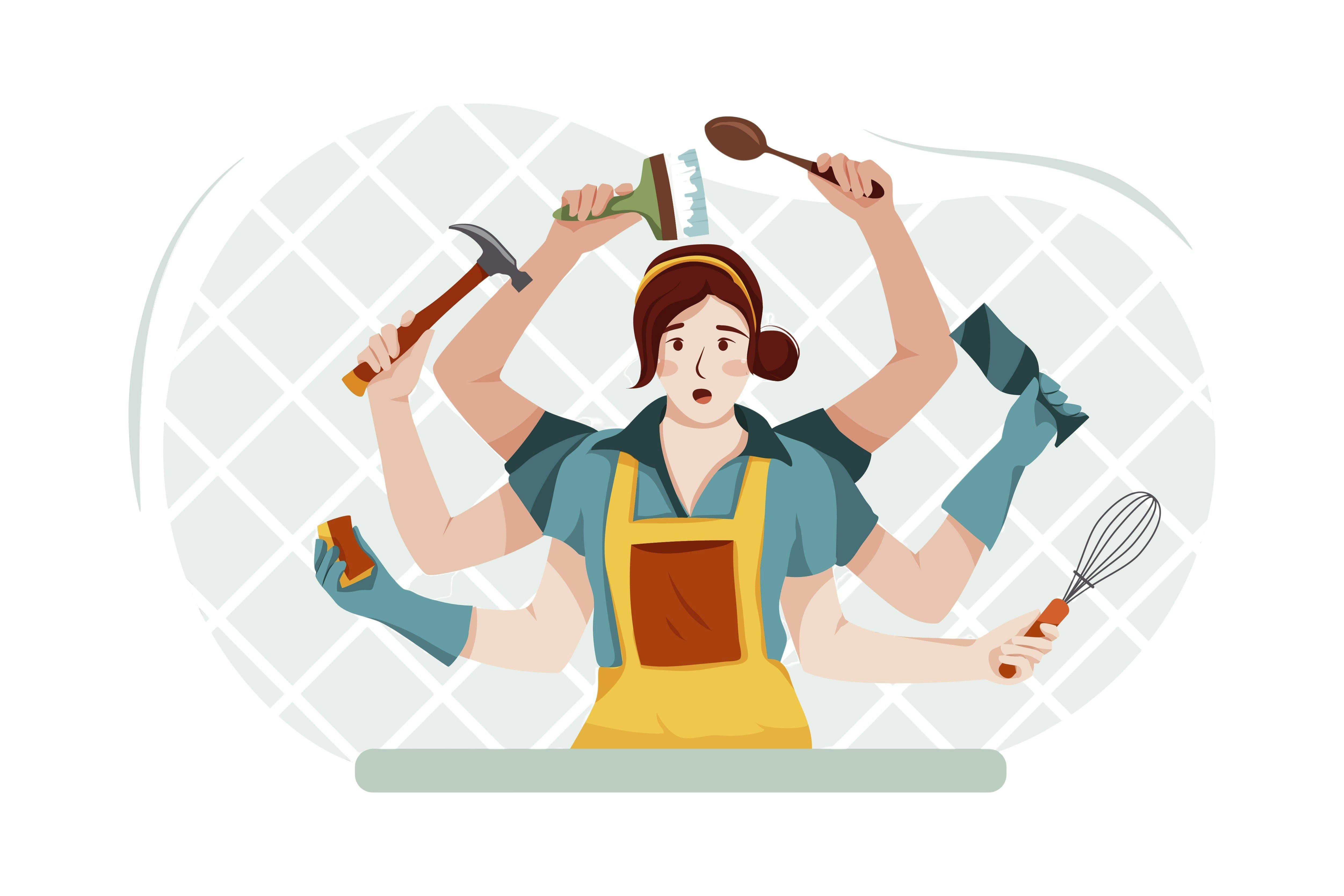 Syv gode råd til at få mere tid i hverdagen: Illustration af kvinde, der har flere arme for at nå så mange opgaver som muligt på kortest tid