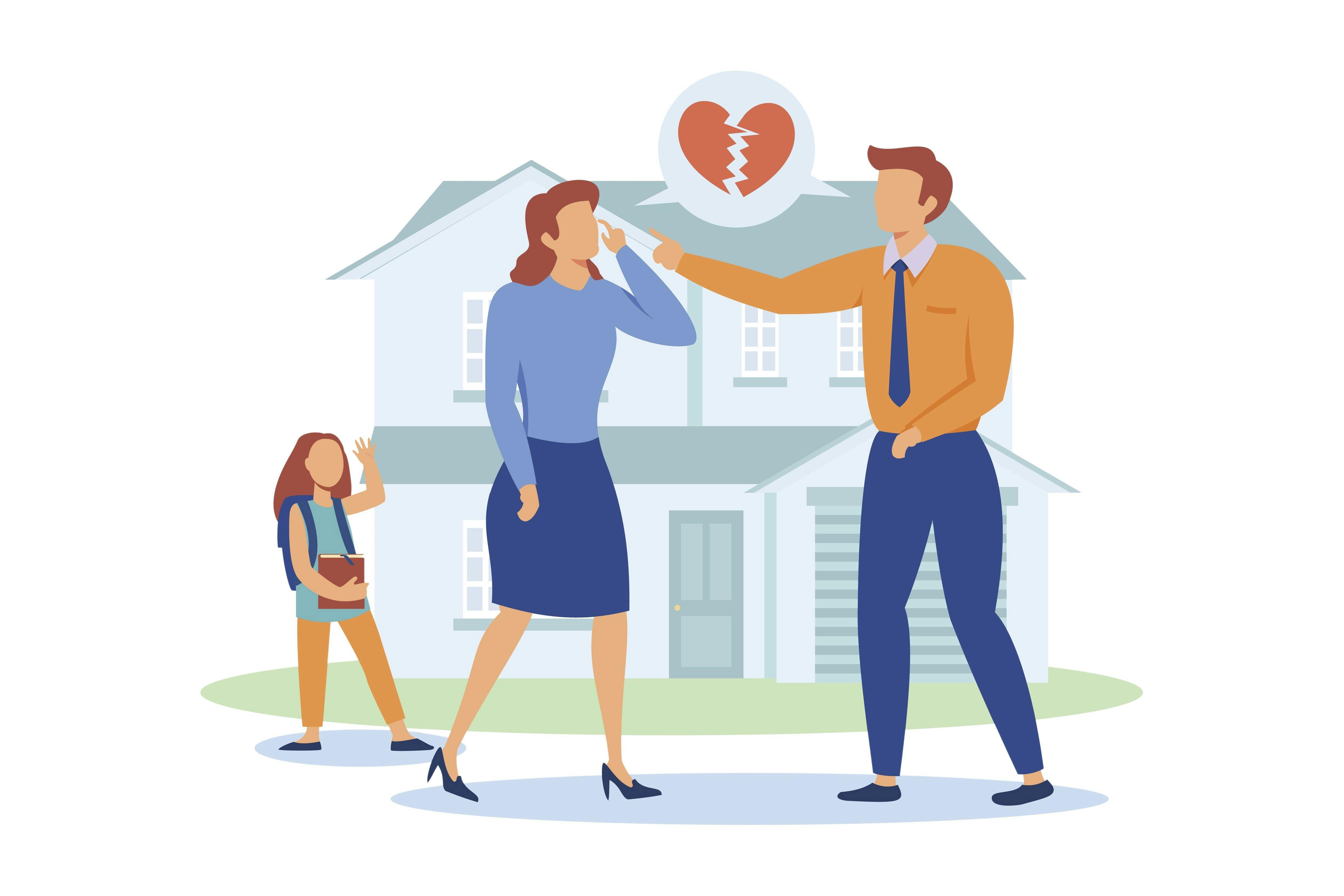 Skilsmisseøkonomi: Illustration om af par, der er uvenner, med et barn og hus i baggrunden