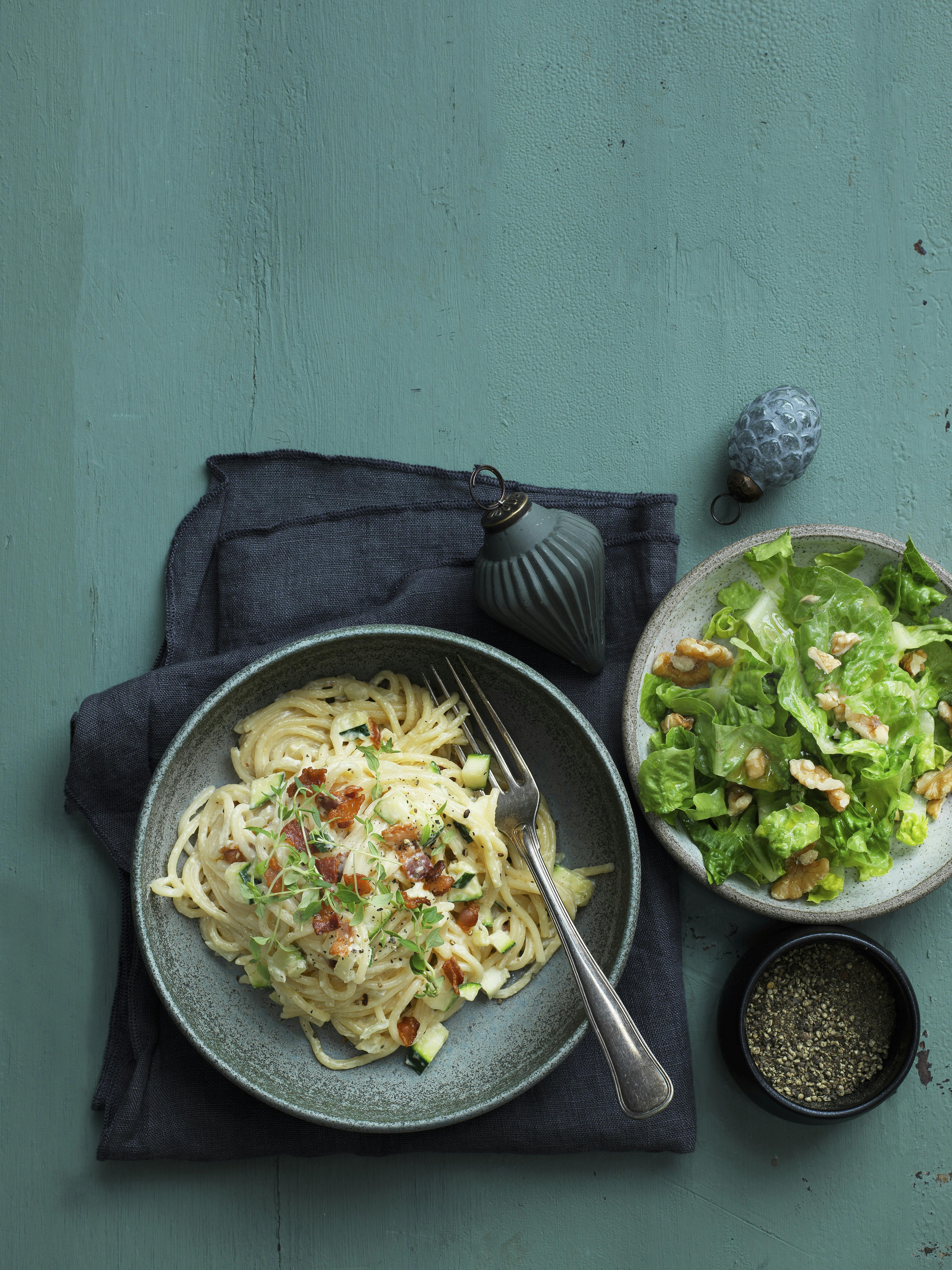 Spaghetti carbonara med squash.