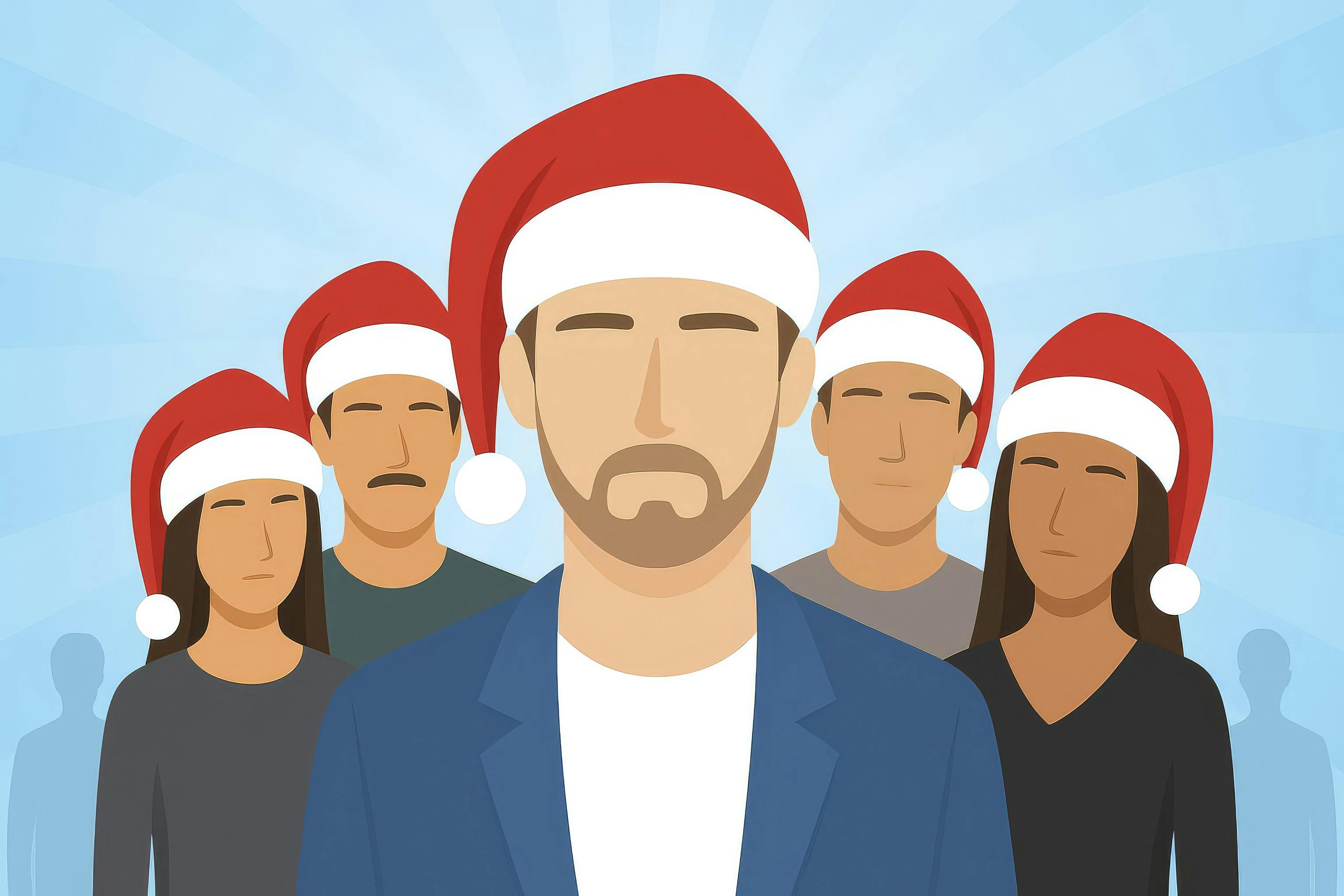 Frygter du for højtiden? Sådan håndtere du at holde jul med en narcissist - Illustration af flere personer iført nissehuer