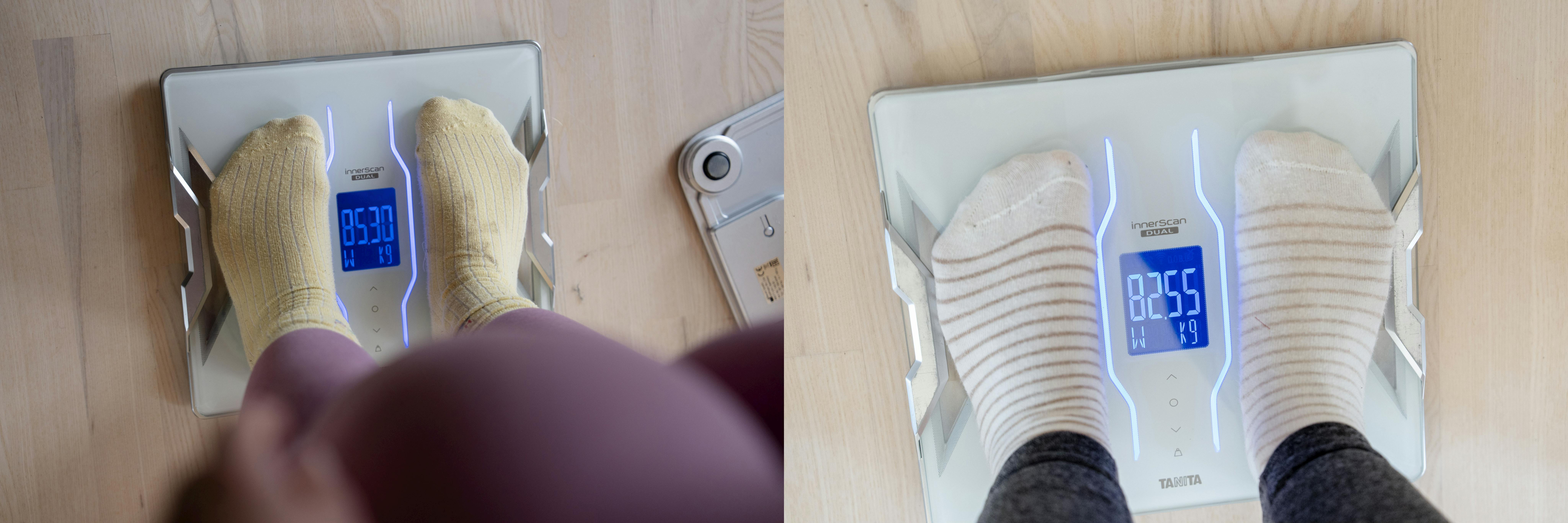 To sammensatte billeder af Dittes fødder på vægten dag 1 og dag 2.