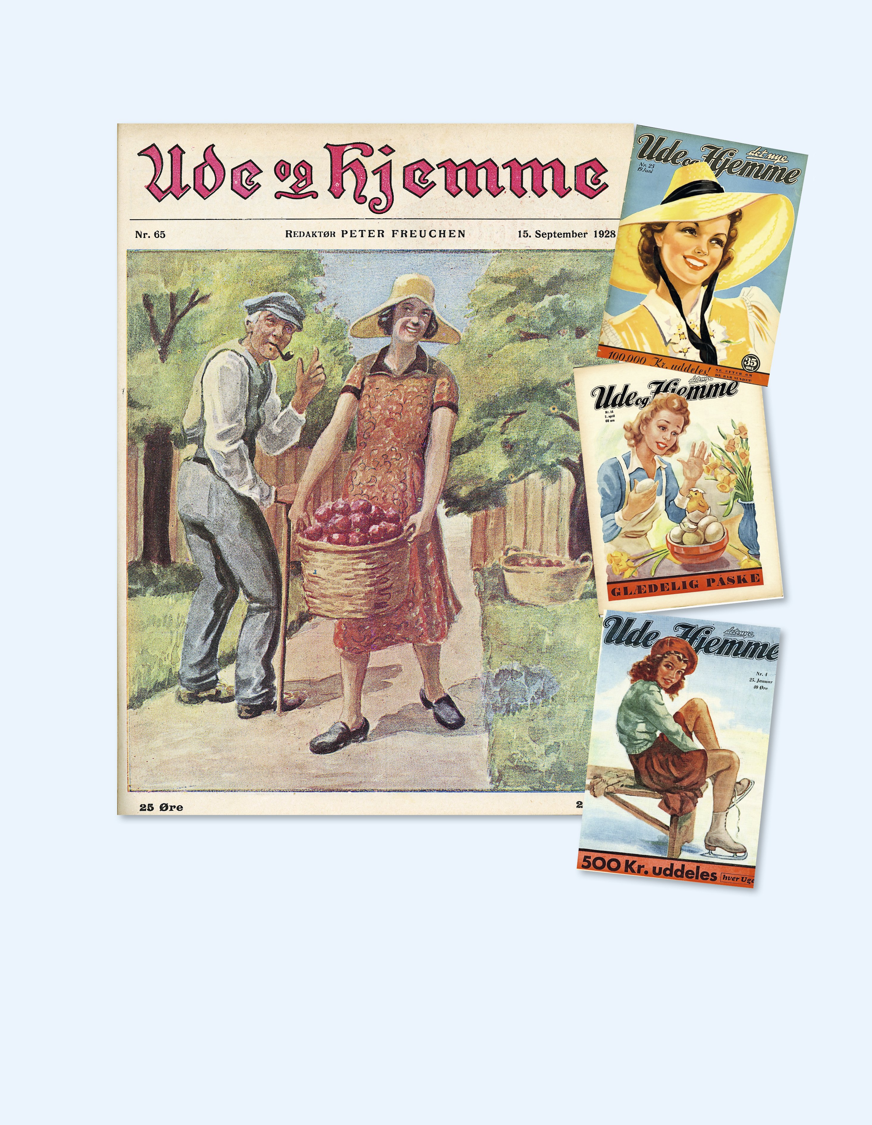 Ude og Hjemme fylder 100 år: Forside i farve af nogle af de første udgaver af Ude og Hjemme