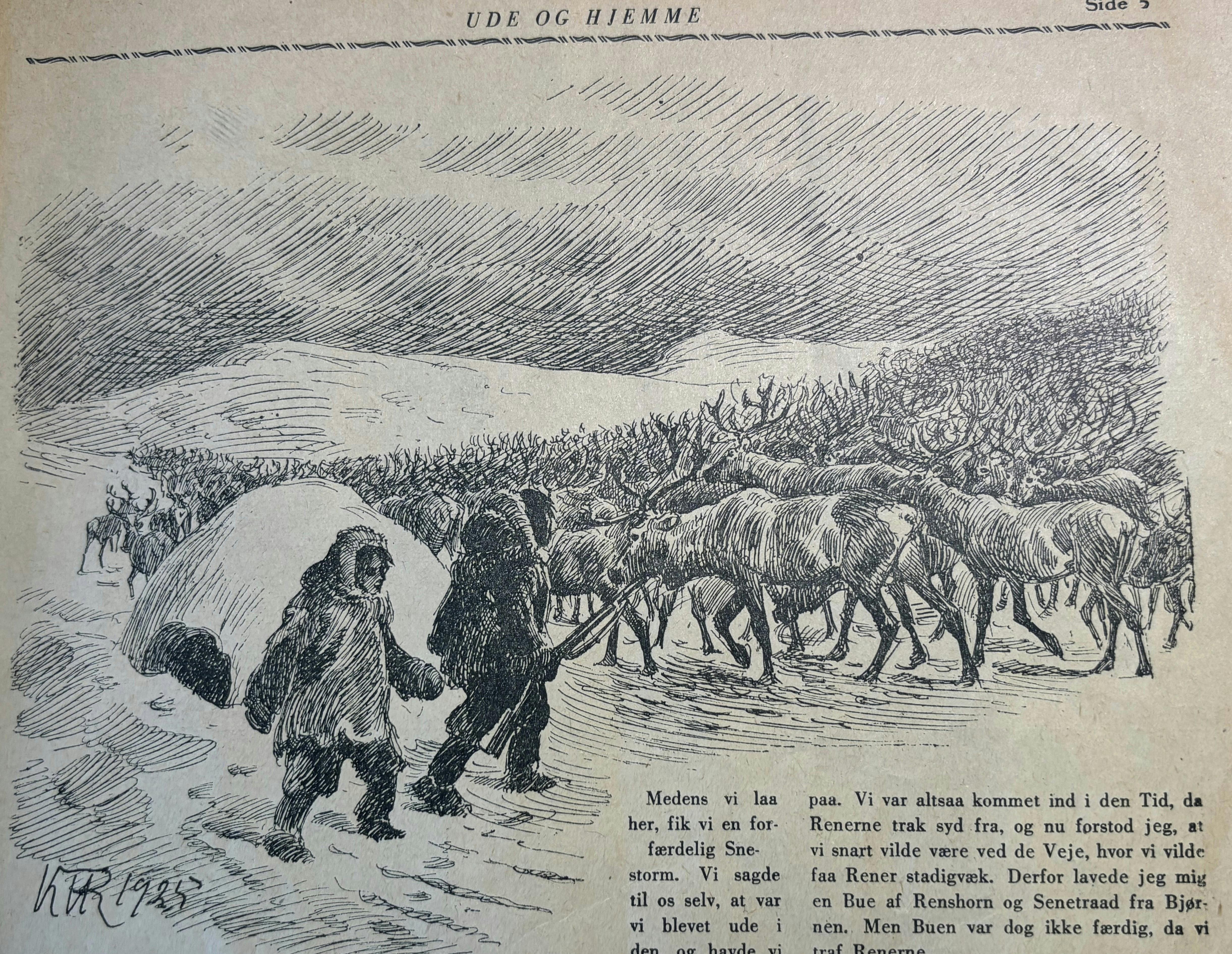 Ude og Hjemmes første artikel i 1926: Sult - Illustration af rensdyr, lavet af Hansen Reistrup