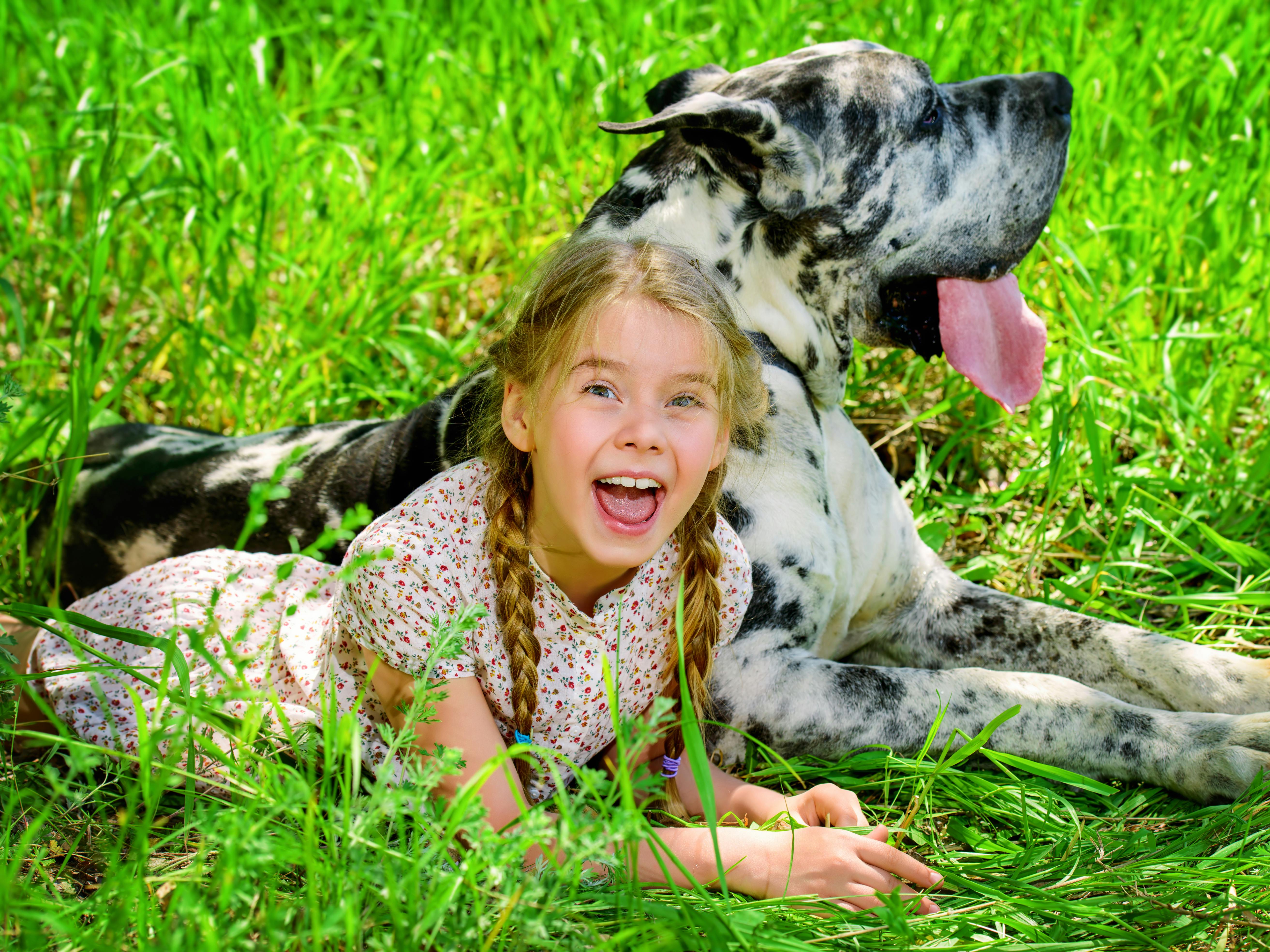 En pige og hund ligger i græsset