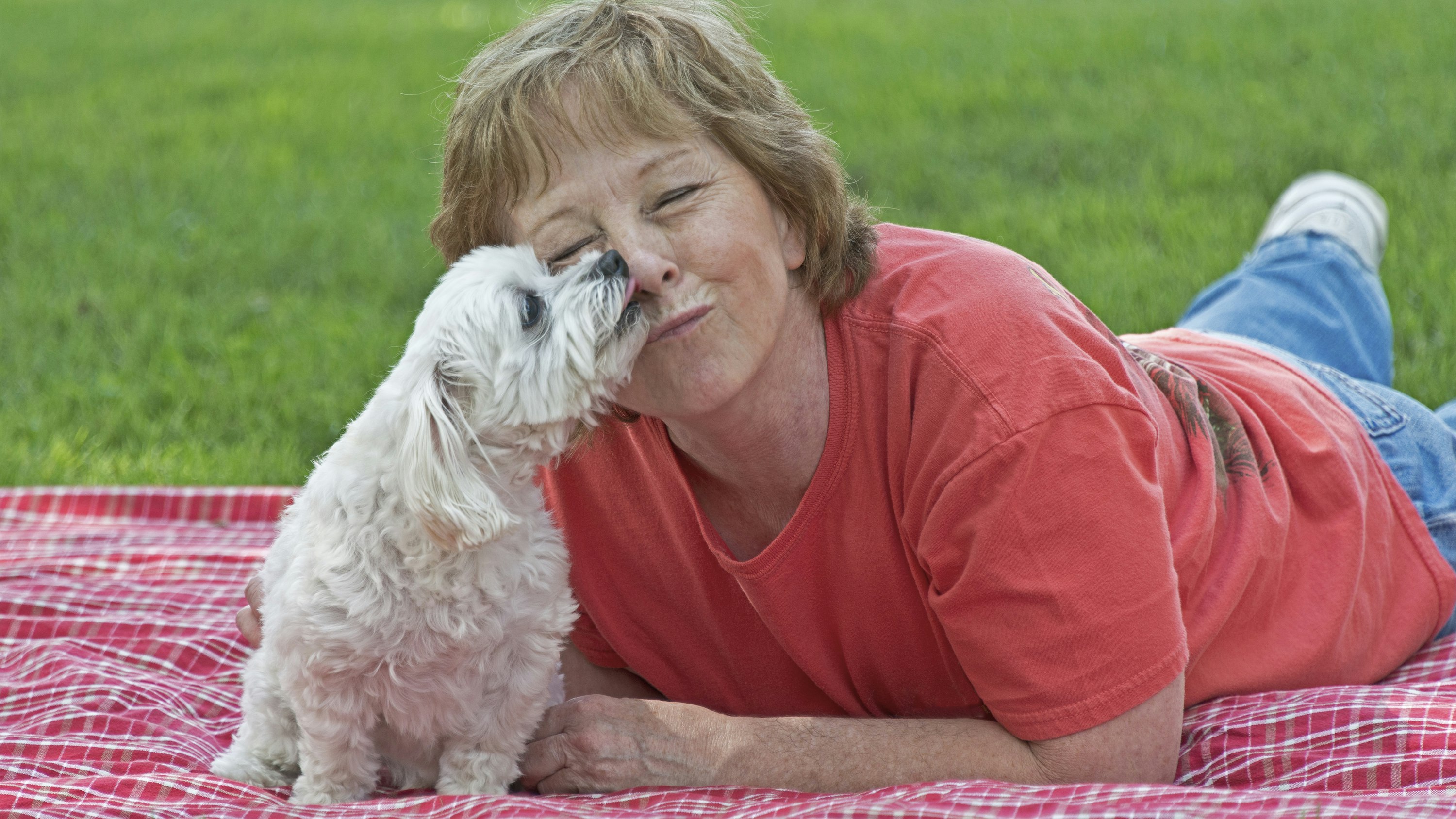 Kvinde ligger på græsset med en hundehvalp. Hun er ikke ensom længere